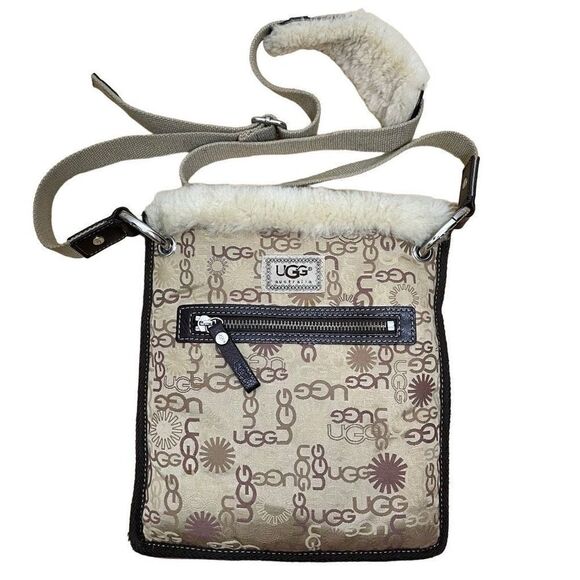 UGG Australia‎ Logo Monogram Gold Metallic Crossbody Bag Purse Fuzzy Lined - Picture 1 of 9